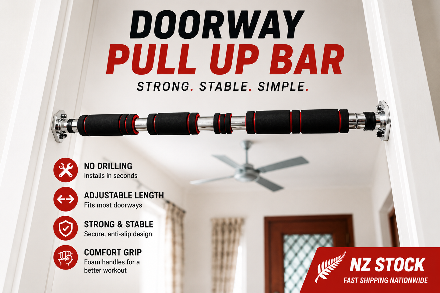 Doorway Pull Up Bar Adjustable | No Drilling | NZ Stock