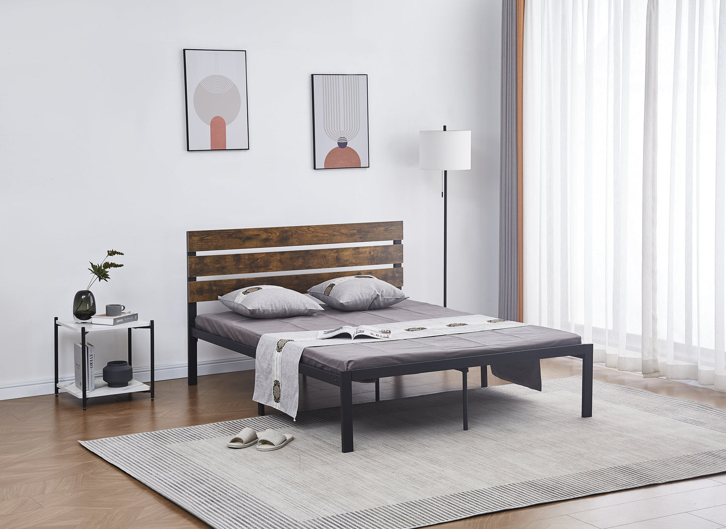 Rustic brown bed frame, metal and plywood - Tmart Living