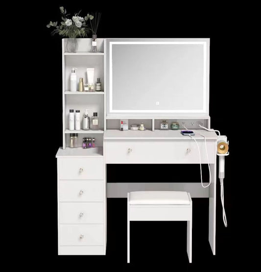 A white dressing table with LED light mirror, drawers, and a stool. The room it's in is not fully visible well-lit space.