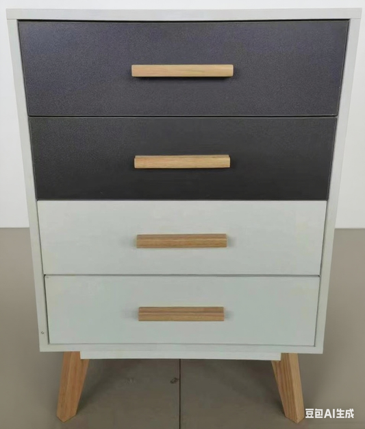 Three-drawer dresser with wooden handles on a plain background