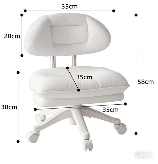 A white, swivel makeup chair with an adjustable backrest, shown from a side angle with dimensions labeled for reference.