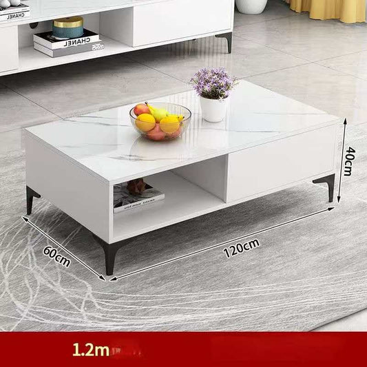 White marble coffee table with dimensions labeled on a gray floor.